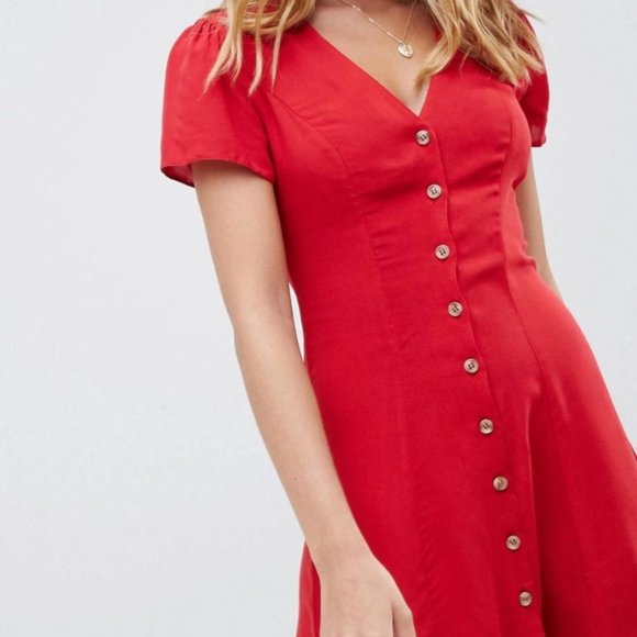 New Look Petite Red Button Through Short Sleeves Tea Dress, Size US 2, NWT - Picture 1 of 5